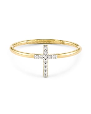 Cross 14k Yellow Gold Band Ring in White Diamond